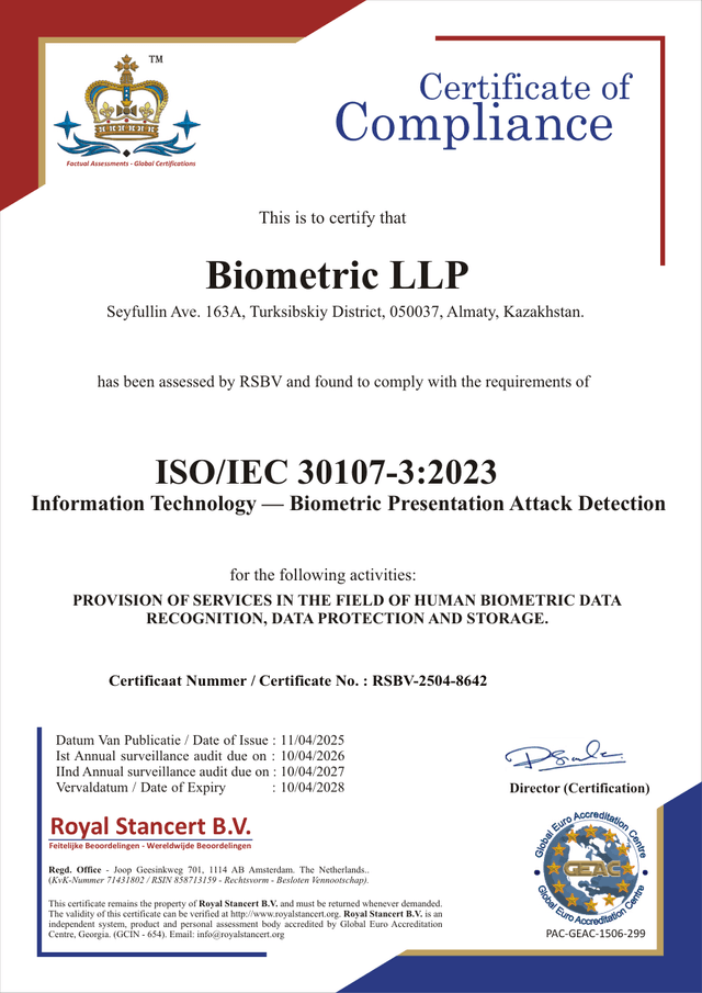 Certificado ISO/IEC 30107-3:2023 de detección de ataques de presentación