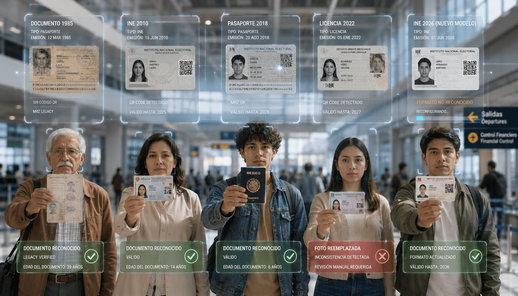 Люди держат документы разных поколений, а система сканирует QR, MRZ и фото, отдельно выделяя новую модель INE.