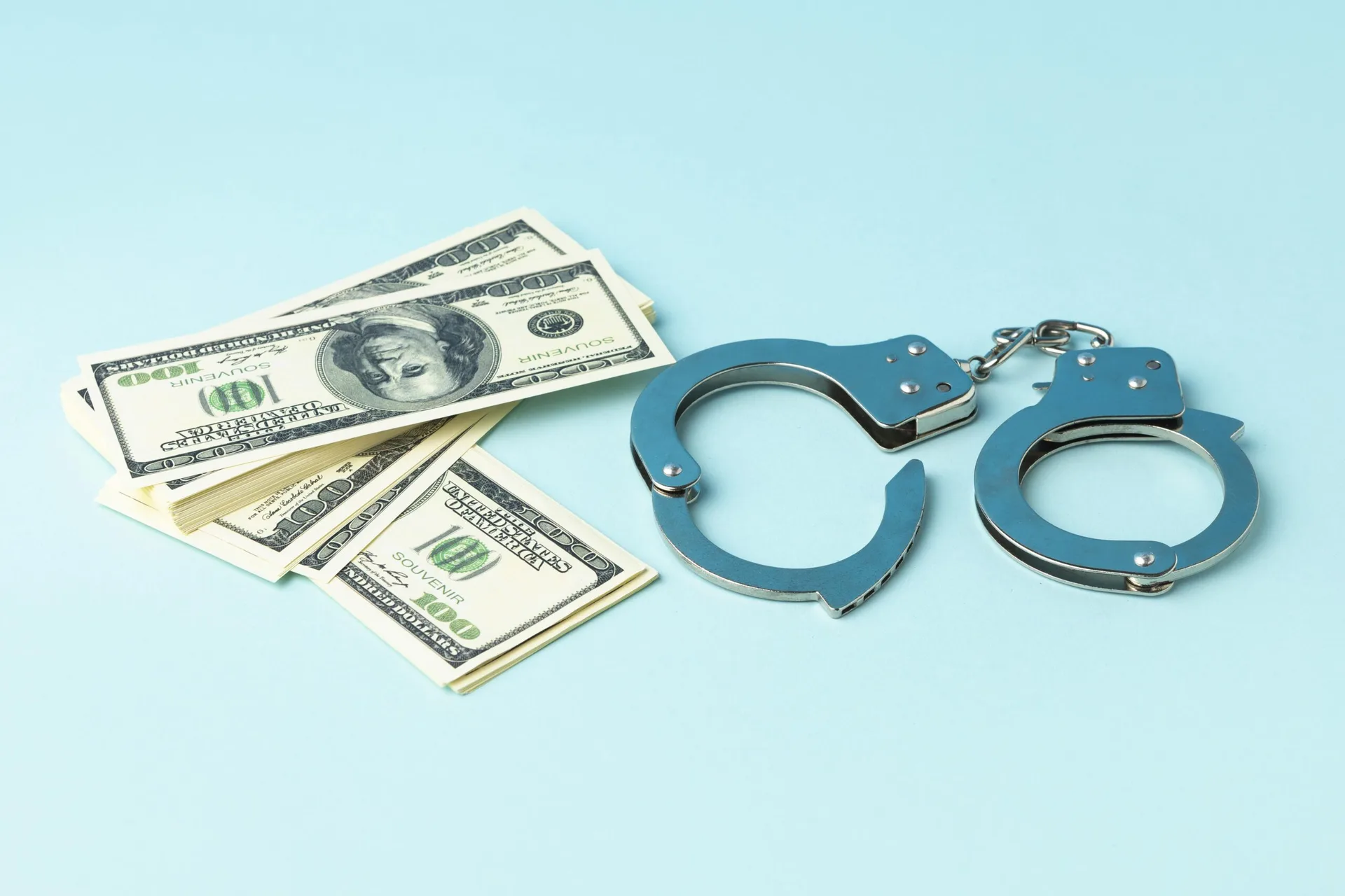 US dollars with handcuffs against a blue background